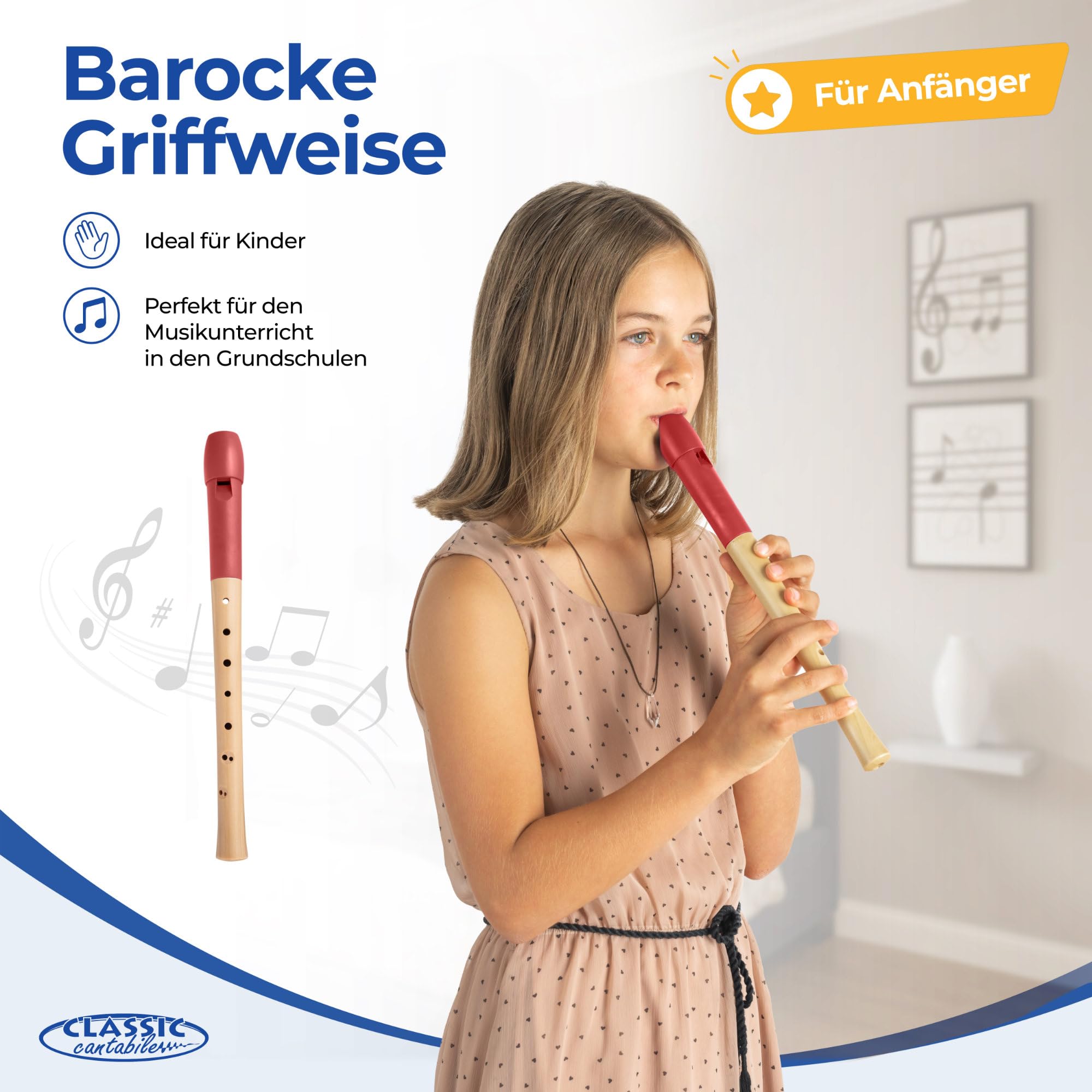 Classic Cantabile Pivella Flauta Dulce Roja, digitación barroca juego de 10 | Flautas dulces de 2 piezas, Cabeza de plástico especial rojo, Parte inferior de madera de arce, Afinación: C-Soprano