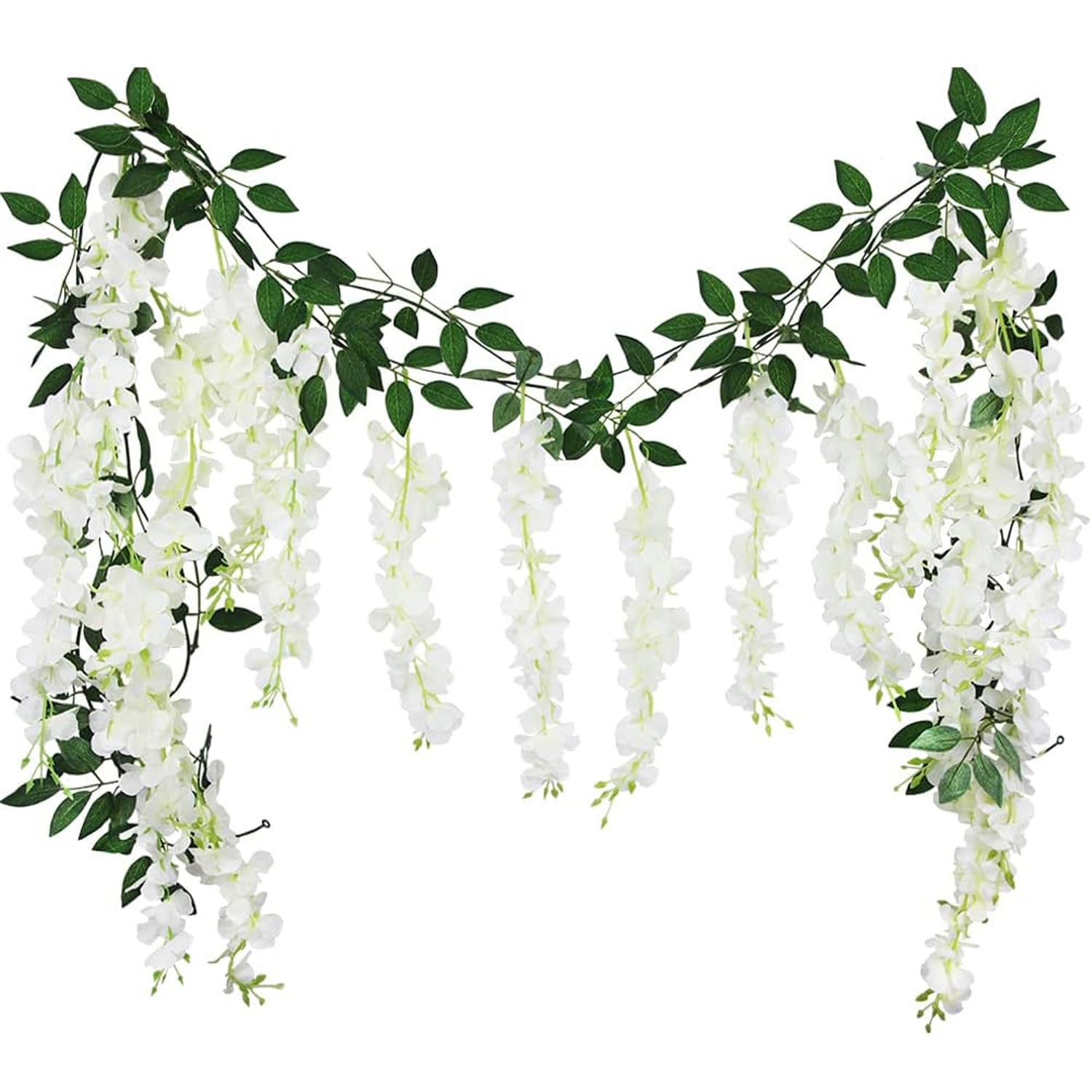 Lindadecor White 2Pcs 2.2M Artificial Flowers Decoration, Fake Flowers Artificial Wisteria Vine Garland For Ceremony Home Garden Wall Backdrop Wedding Christmas Party Decoration (White)