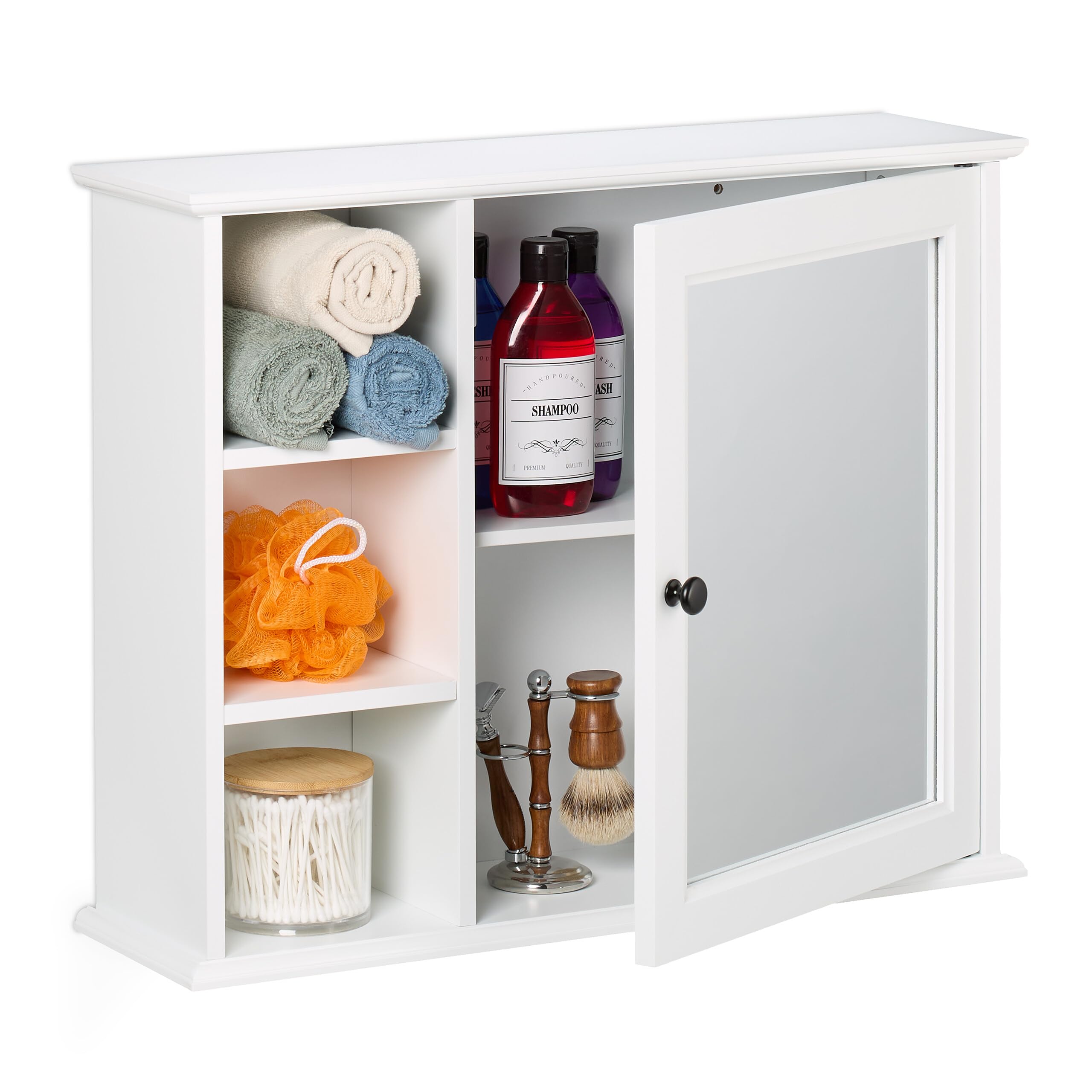 Relaxdays Armoire de Salle de Bain, Miroir, 3 étagères Ouvertes, 2 Compartiments, HxLxP : 48 x 60 x 18 cm, Blanche