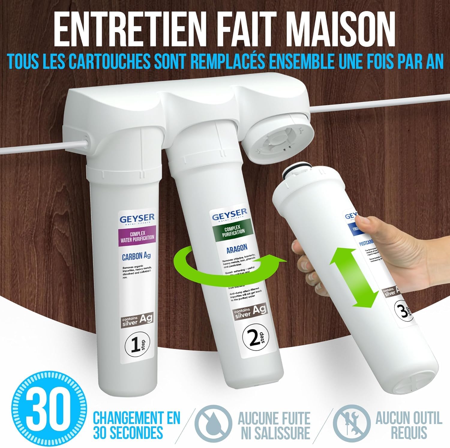 GEYSER SMART Kit de Cartouches de Rechange, Filtration 3 Étapes ARAGON + CATALON, 3 Cartouches à Filtration Ultra-Profonde, Élimine Virus et Métaux Lourds (Capacité 12 mois)