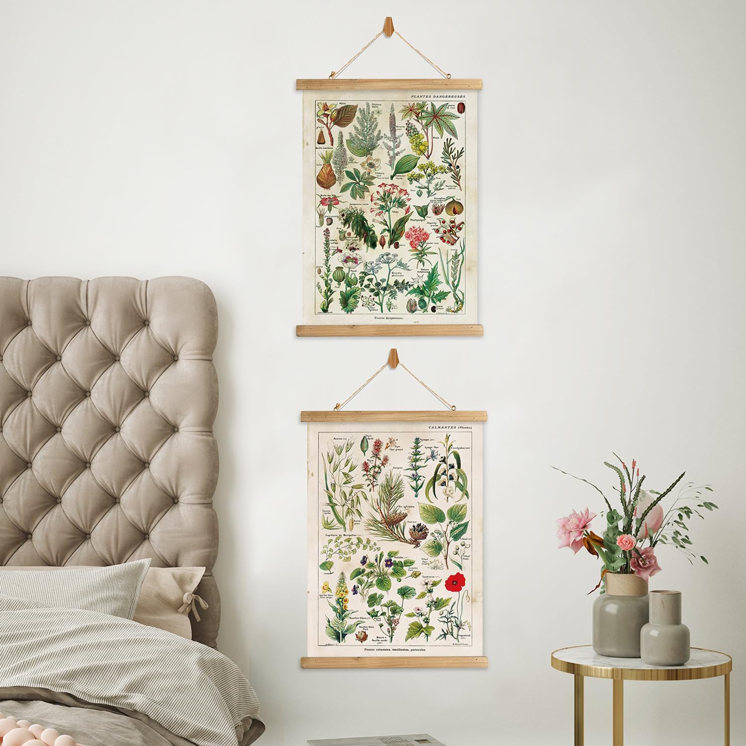 XIAOAIKA 2 Pack Vintage Plants Poster Hanger Frame, Retro Style Wall Decor Art Painting, Patterns are Printed on Linen Without Fading, Scrolls Made of Fir are Durable (16 x 23 inch)