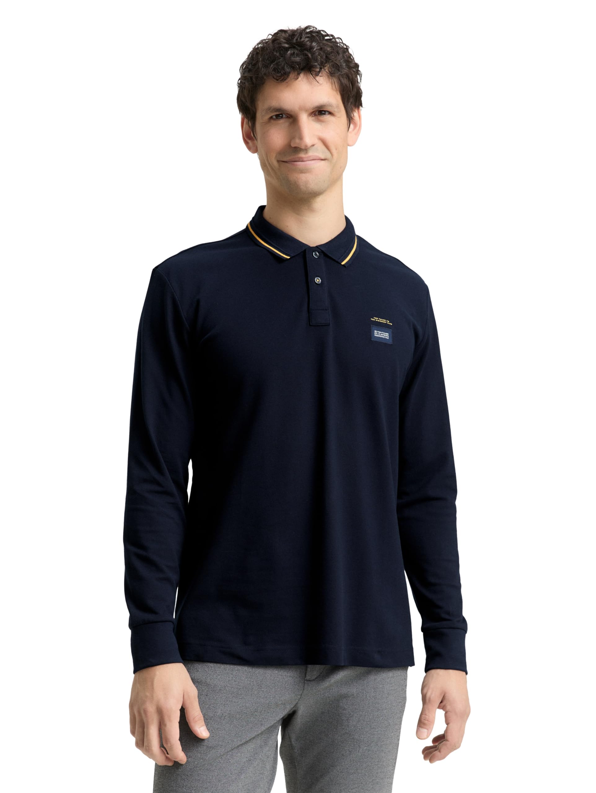 TOM TAILOR Herren Langarm Piqué Poloshirt mit Logo-Print