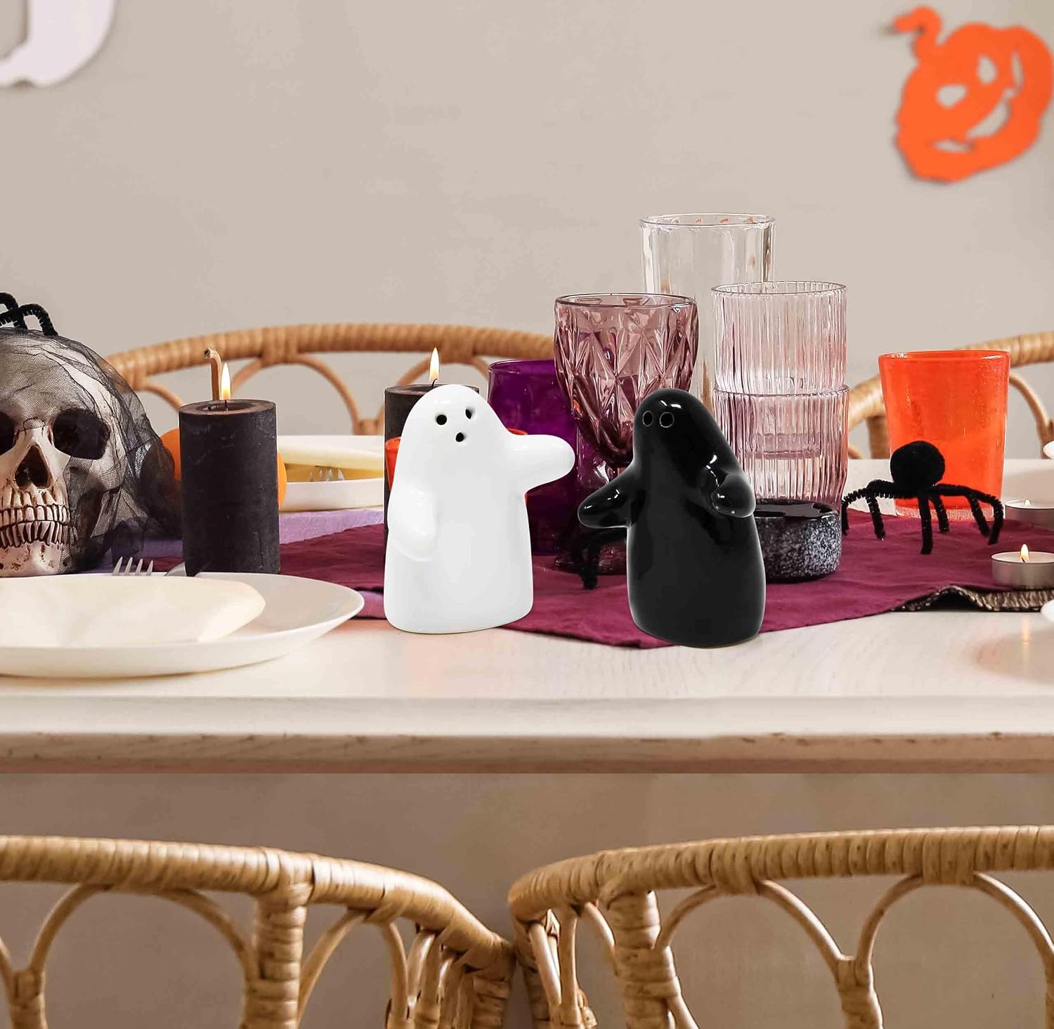 Halloween Ghost Salt & Pepper Shaker Set of 2 Black & White Modern