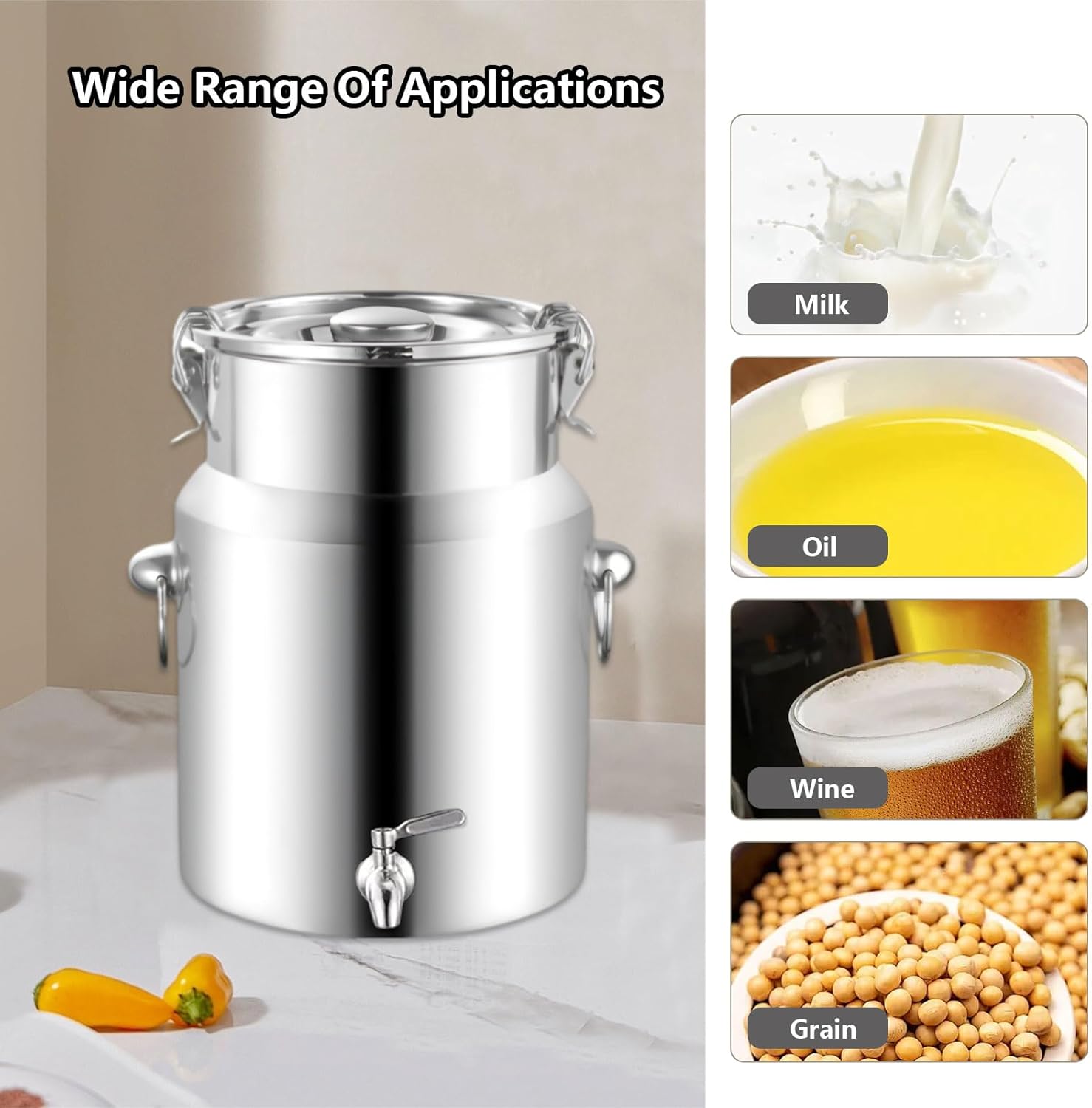 AIZYR Stainless Steel Milk Can Milk Jug, Tote Jug Oil Bucket Jar, Wine Pail Bucket with Sealed Lid and Spigot Container for Milk, Wine, Water,14L