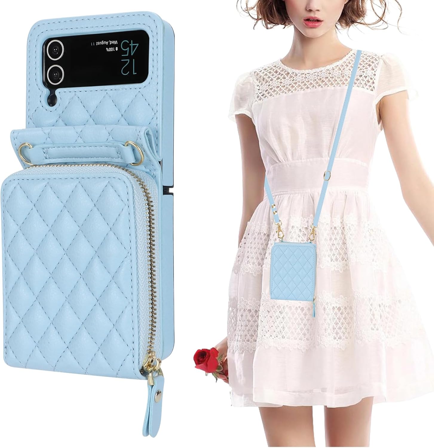 KIHUWEY for Samsung Galaxy Z Flip 4 Wallet Case, Crossbody Zipper Purse with Credit Card Slot Holder RFID Blocking PU Leather Adjustable Lanyard Detachable Strap Wrist for Women（Blue