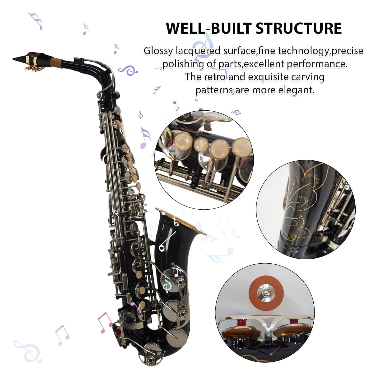 Przyciski muszli, instrumenty muzyczne, saksofon,Czarny Eb Alto Korpus z mosiądzu Białe klawisze muszli Instrument dęty drewniany z futerałem Rękawice Ściereczka do czyszczenia Szczotka Gryf,altowy,