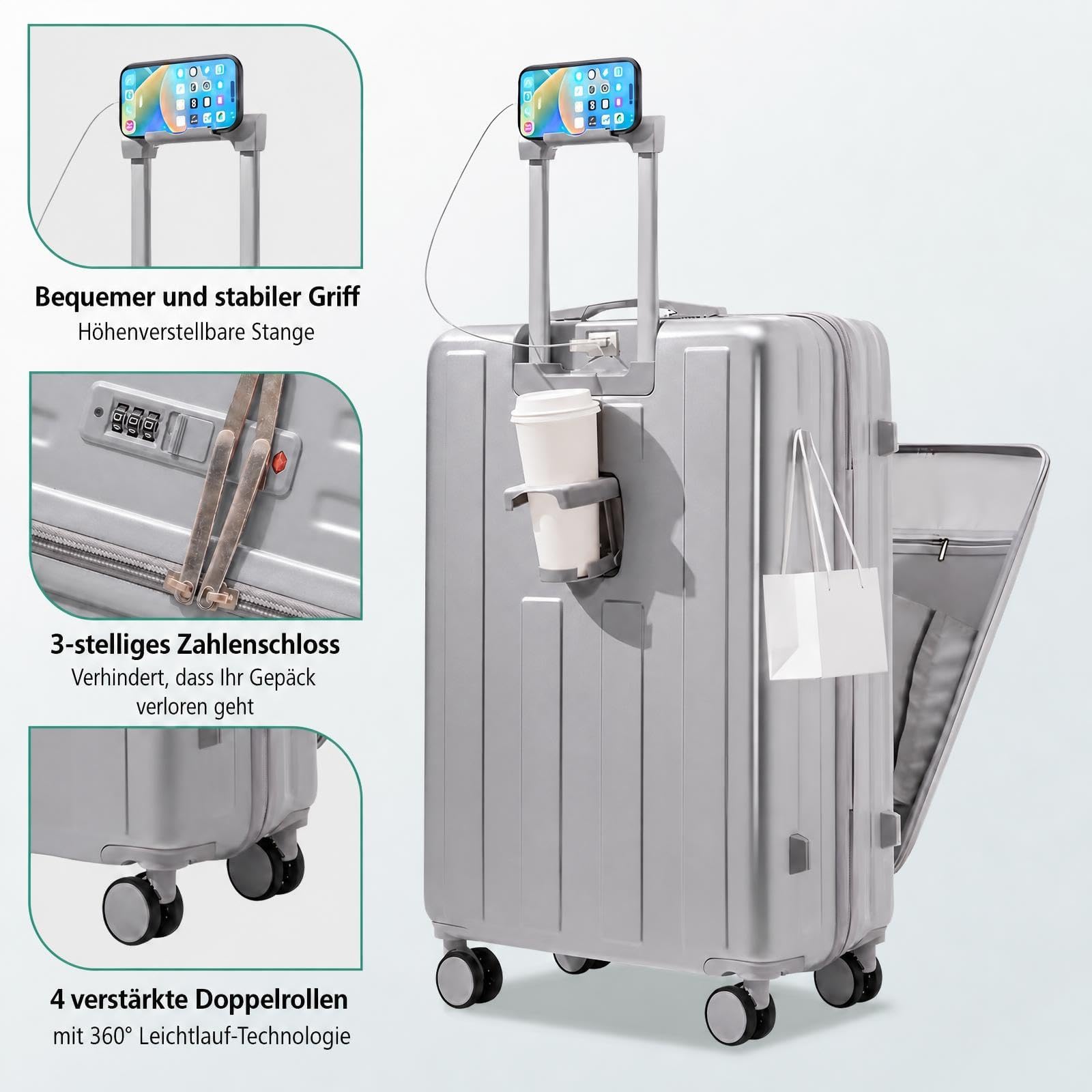 Valigia trolley a mano valigia cabina leggera rigida con porta bevande, scomparto per laptop e lucchetto TSA, ideale per viaggi e viaggi d'affari, 20 pollici, argento, Mini, Classico