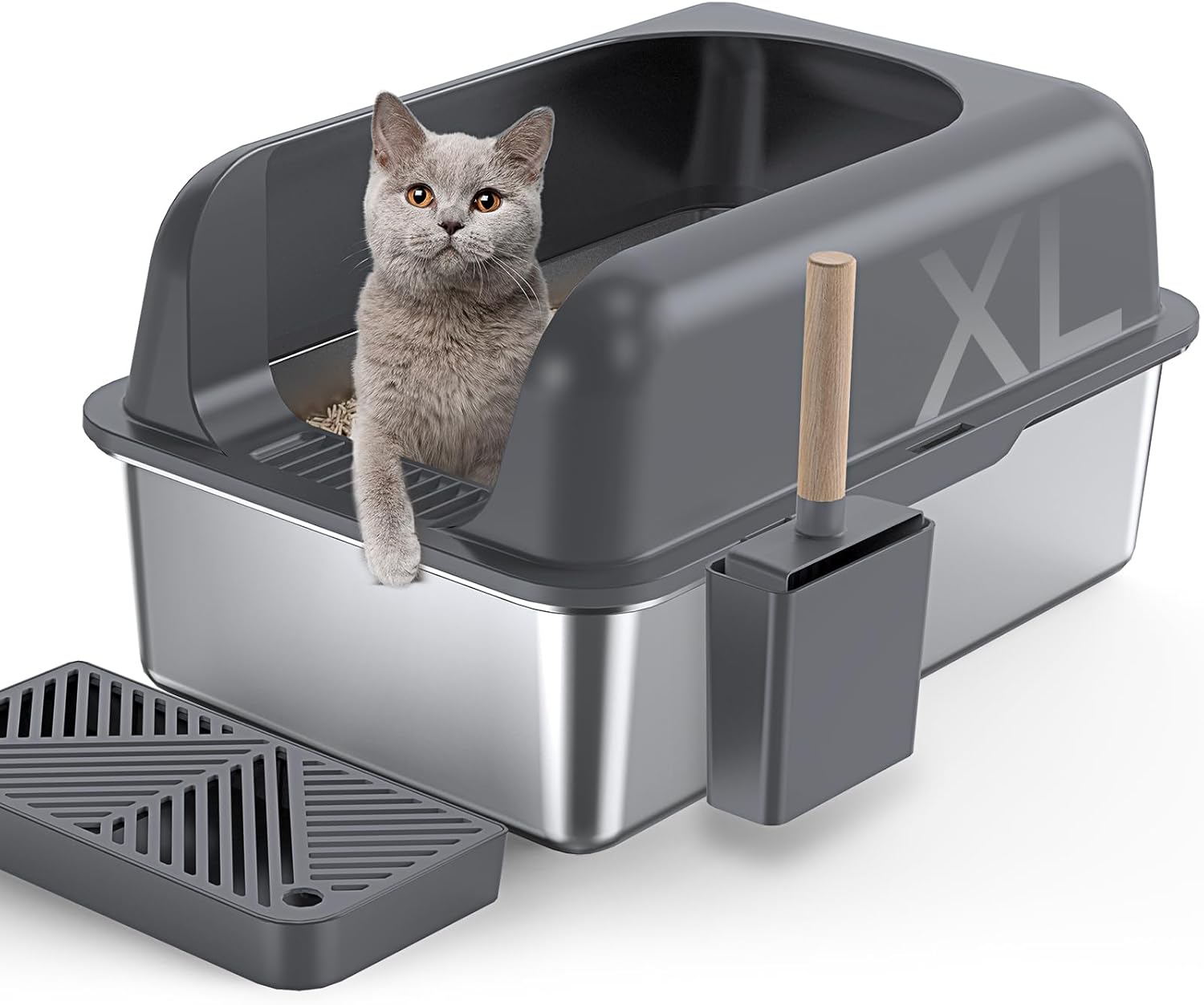 Gimars XL Stainless Steel Cat Litter Box, Large Stainless Steel Cat Litter Tray, 36L Metal Litter Tray with Litter Scoop & Pedal, Good for Large Medium Cats