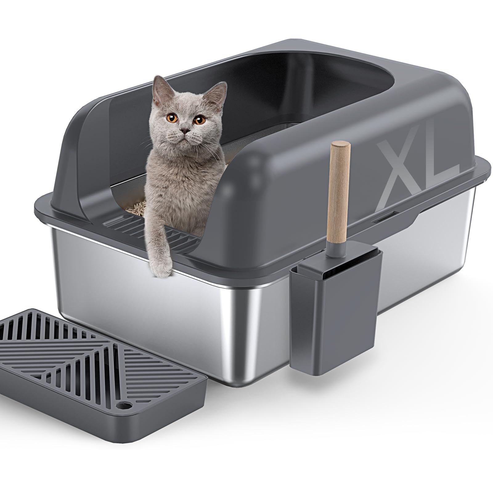 Gimars XL lettiera in acciaio per gatti, ampia vaschetta in acciaio inox da 20L con paletta e pedale, lettiera in metallo ideale per gatti di taglia media e grande