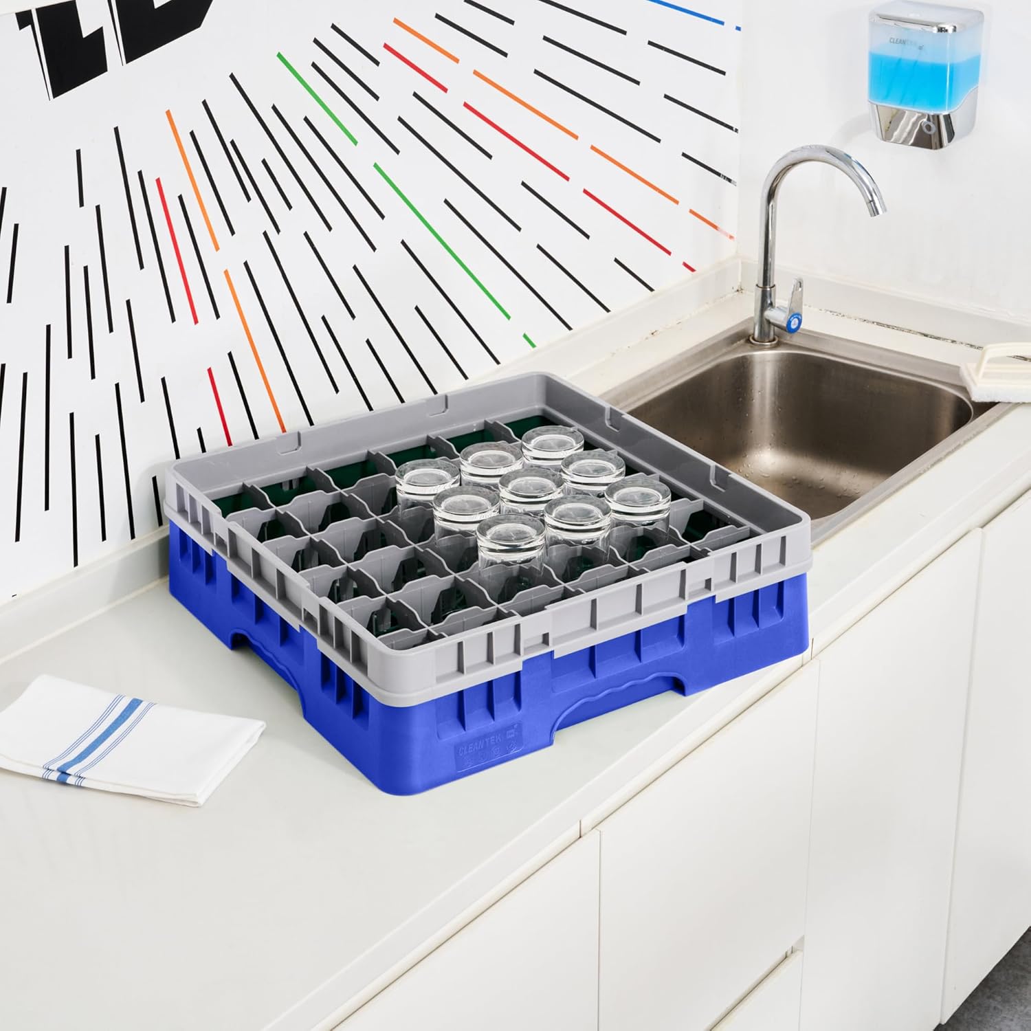 Restaurantware-Clean Tek Professional 36-compartment Glass Rack, 1 Heavy Duty Rack - With 1 Full Drop Extender, Blue Glass Organizers For Restaurants, Bars, Pubs, Cafeterias, and Home Kitchens
