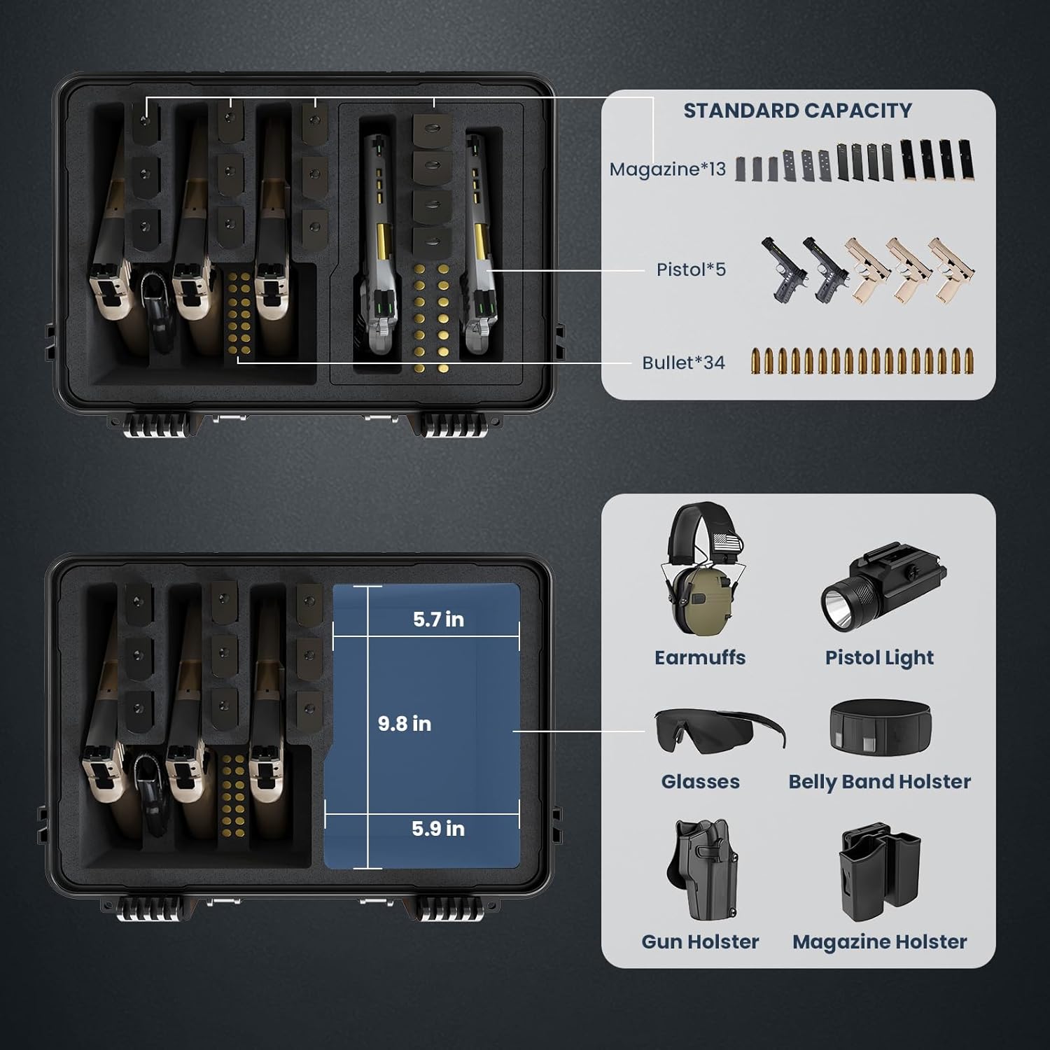 T TICCI Heavy Duty 5 Pistol & 13 Magazine Case, Shockproof Waterproof for Air Travel Hard Gun Case, Pre-Cut Foam for Glock/Beretta/S&W, Firearm Travel Case, Black - Image 5