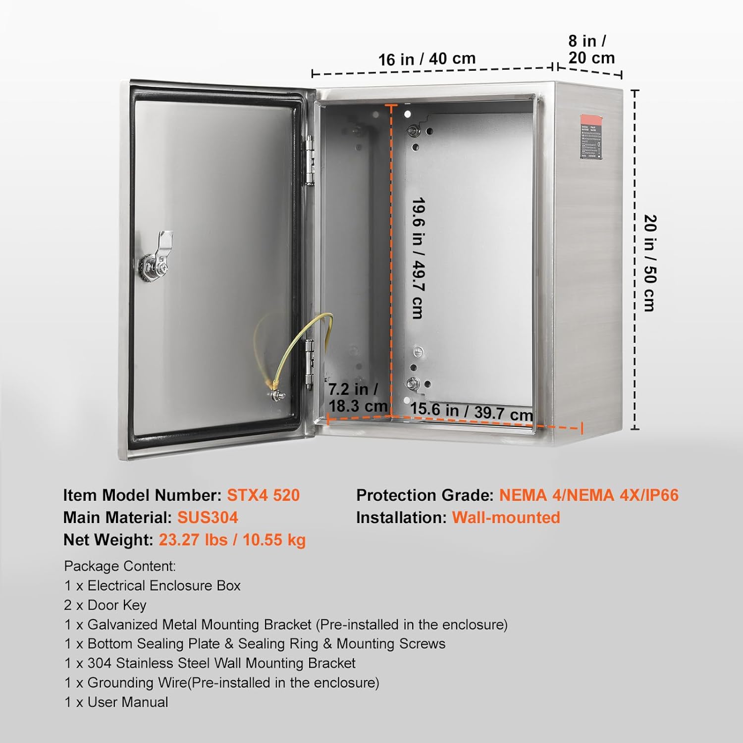 Happybuy Steel Electrical Box 20"x16"x8", 304 Stainless Steel Enclosure, IP66 Waterproof, Wall-Mounted, Mounting Plate, Hinges Lock