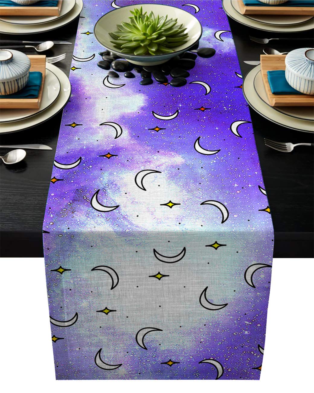 BMALL Starry Sky with Stars and Moons Pattern Table Runner Home Decor for Kitchen Wedding Party Farmhouse 16x72inch