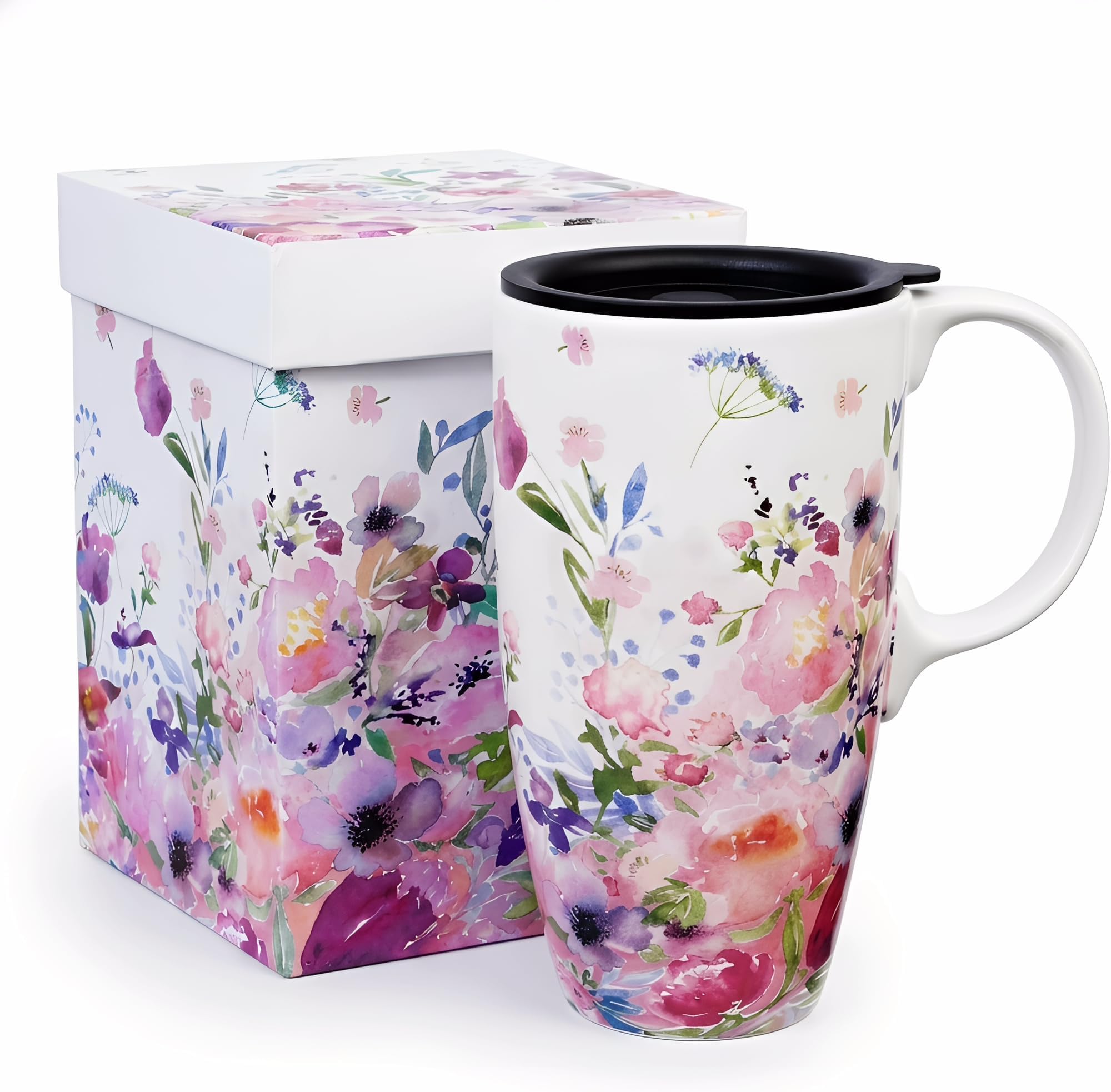 Ceramic Mug with Lid Coffee Mug with Gift Box Latte Mug Coffee Cup,17oz.Pink Garden