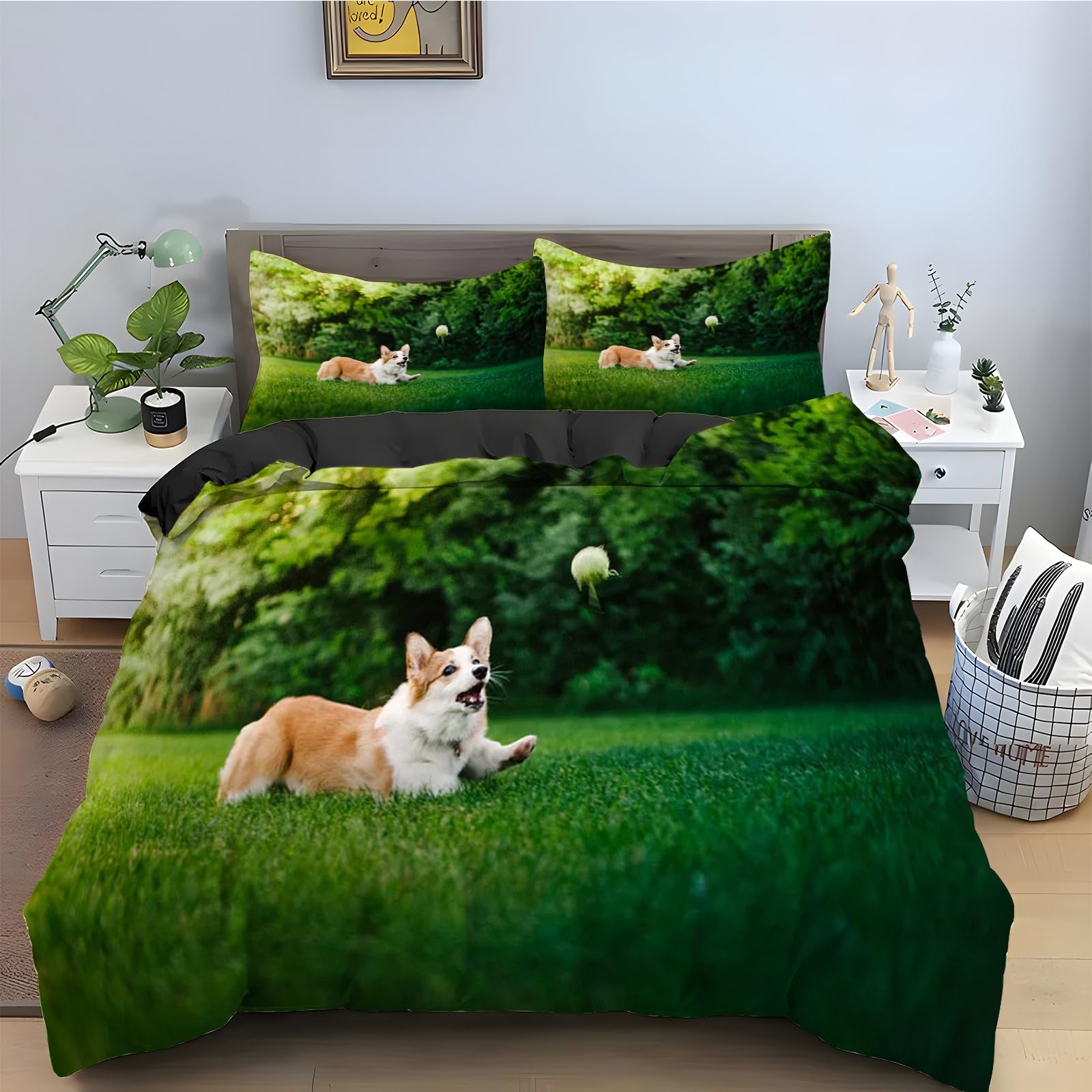 Housse de couette 160x200 Corgi parure de lit 3 pièces imprimée avec taies
