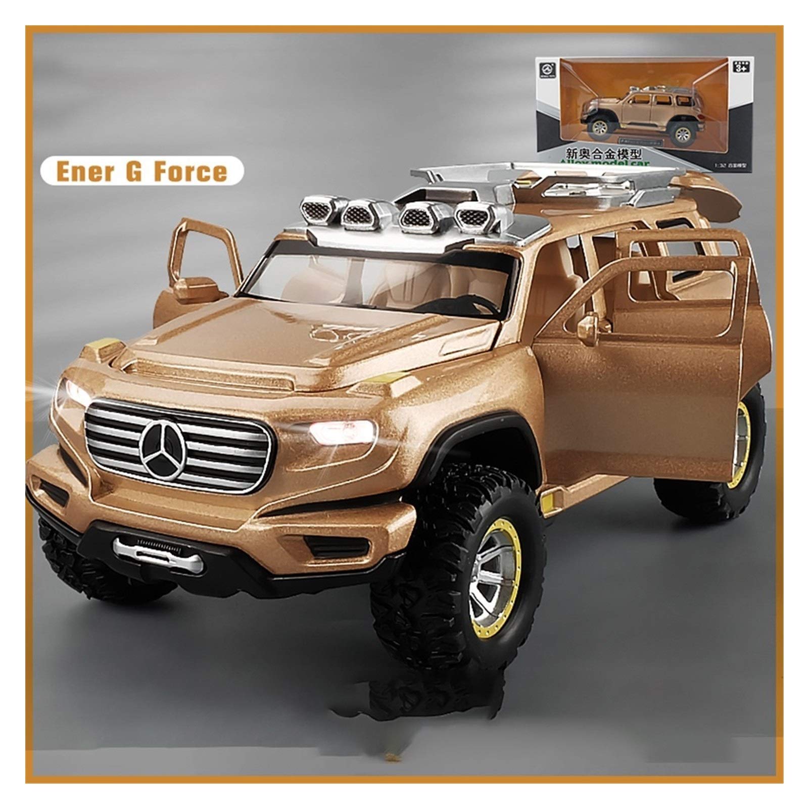 1:28 high Simulation New Energy G Force Off-Road Vehicle car Model Alloy car Model boy Pull Back Toy car Decoration for Gifts (Color : Gold, Size : with Box)
