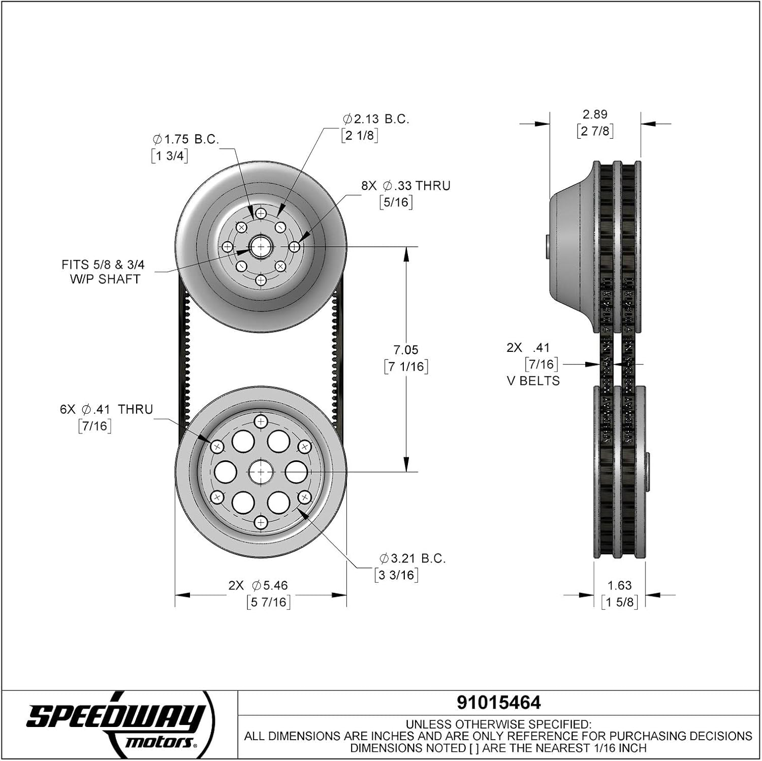 Speedway Motors 1:1 Pulley Combo for SBC Short Water Pump, CNC Machined Aluminum Double-Groove Crank and Water Pump Pulleys with Matched Belts for 602/604 Crate Engines