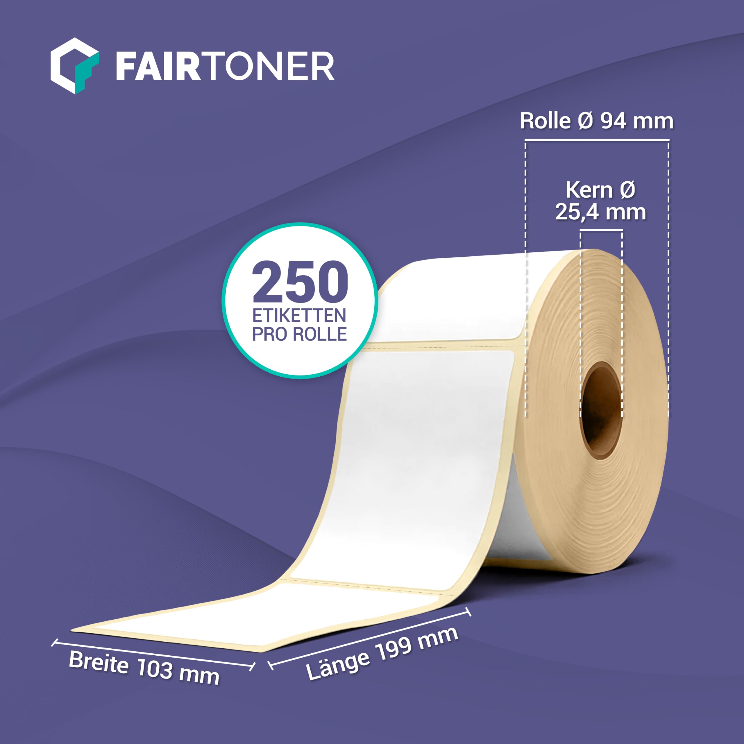 FairToner Versandetiketten Rollen 103x199mm 18 x 250 Label Thermodirekt | 4500 Etiketten, perforiert, Kern 25,4mm, BPA-frei, permanent haftend, kompatibel Zebra/TSC/Godex, Common Labels 910-300