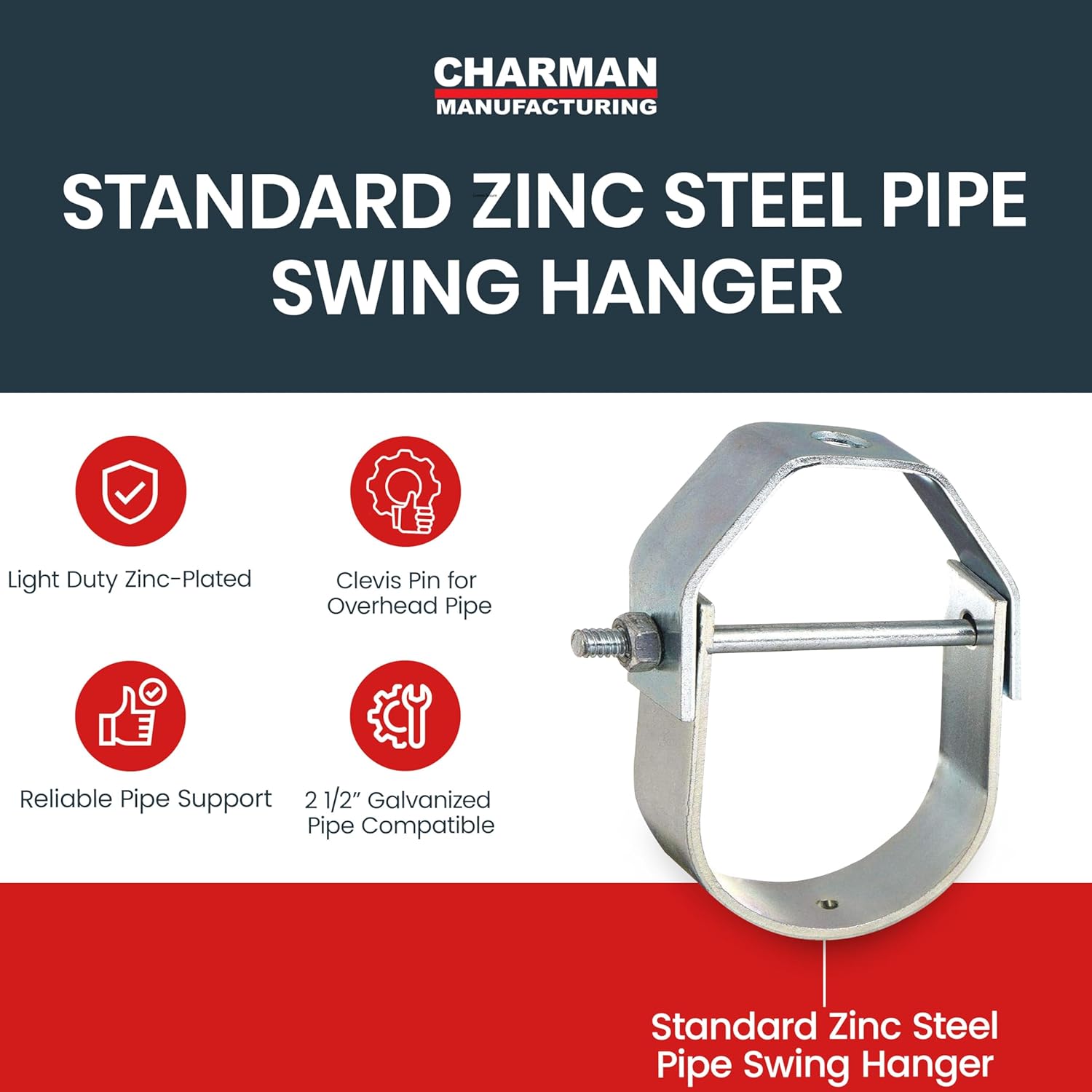 CMI Inc - Clevis Hanger Standard Zinc Steel Pipe Swing Hanger for 2-1/2 inch Galvanized Pipe – Light Duty Zinc-Plated Pipe Support Bracket, Pipe Hanger Strap with Clevis Pin for Overhead Pipe – 5 Pack