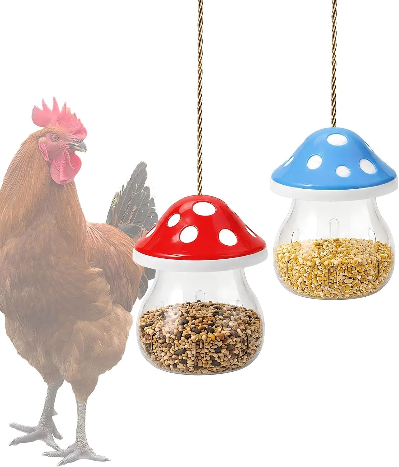 Hanging Chicken Peck Toy，2-Piece Mushroom-Shaped Chicken Enrichment Toys Boredom Busters，Slow-Feed Chicken Toys for Coop - Red & Blue
