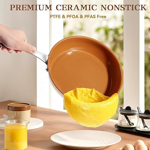 Miniatura 2 de Sartén de cerámica, sartén antiadherente de 9.5 pulgadas sin PFAS, PTFE o PFOA, sartén de cerámica con base de acero inoxidable para todas las