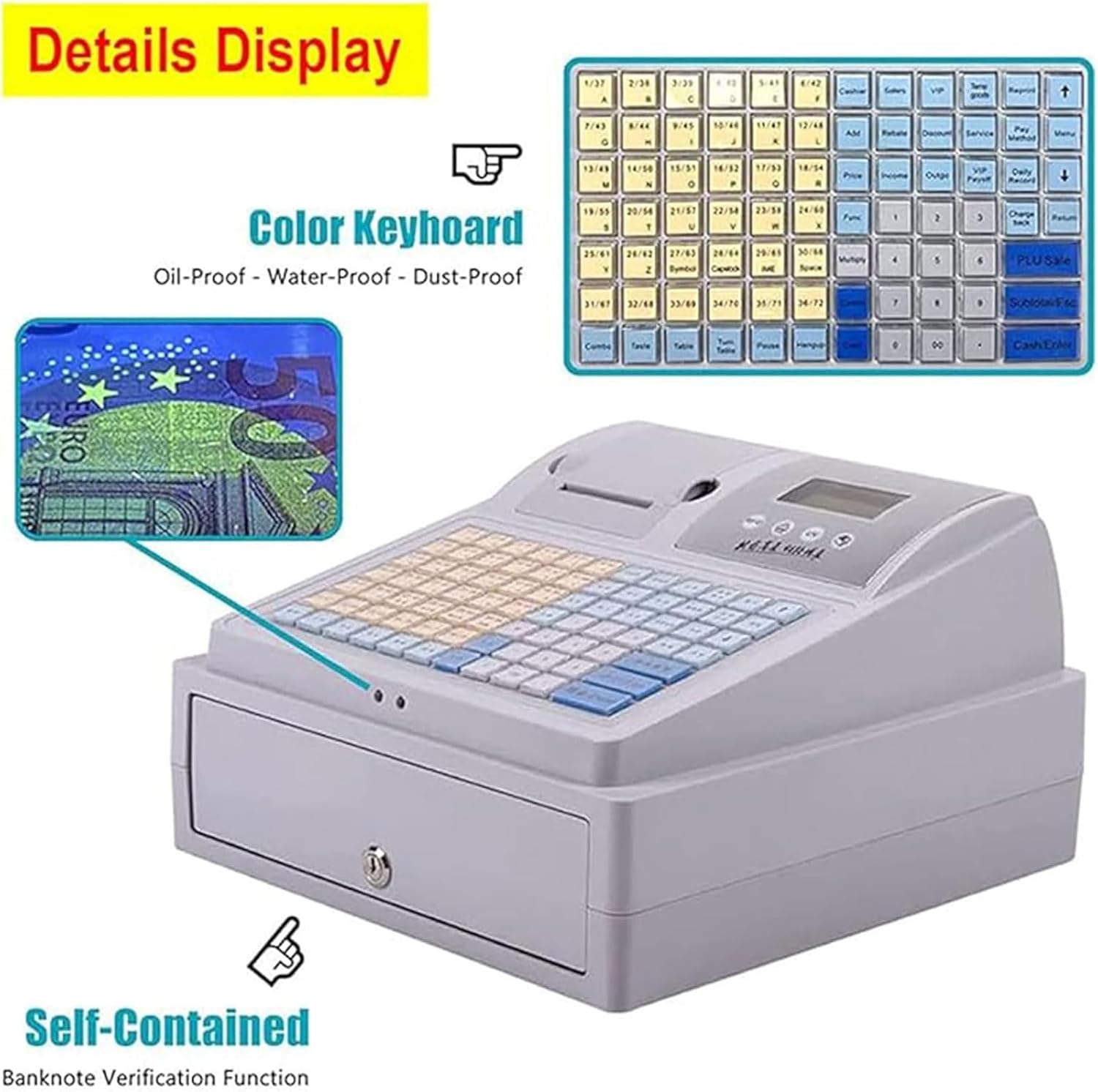 Detailed view of the BDJSN Cash Register's color keyboard and banknote detector