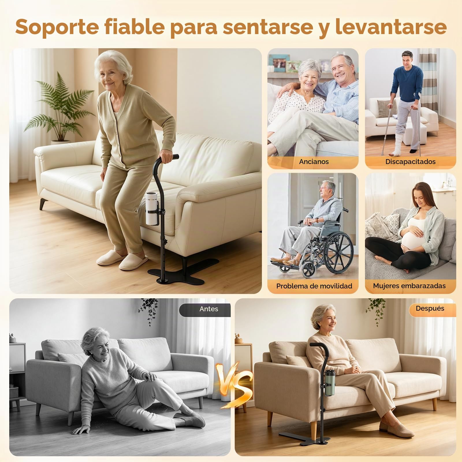 Ayuda para Levantarse del Sofá/Silla/Cama MAX 180 kg, Soporte para Levantarse Antideslizante con Portavasos, Barra de Ayuda con 6 Alturas Ajustables para Ancianos, Mayores, Discapacitados, Pacientes