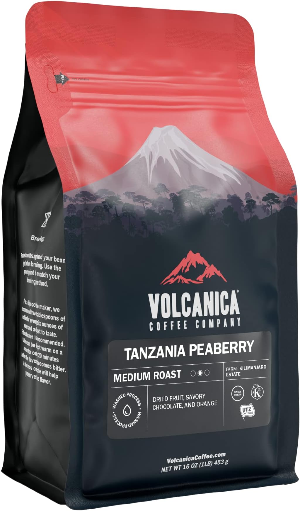 Volcanica Coffee Coffee, Mount Kilimanjaro, Fresh Roast, 16 oz, 1lb (1 Pack) Brown Tanzania Peaberry Whole Bean