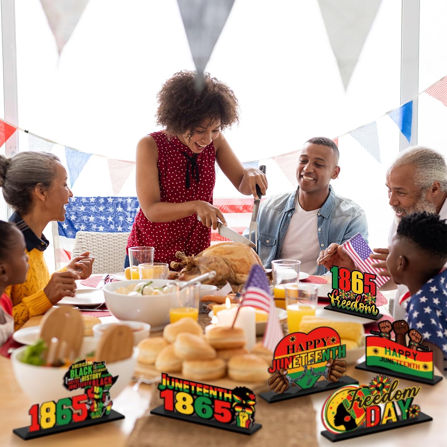 Suzile 6 Pcs Juneteenth Day Decorations Wooden Happy Juneteenth Table Centerpieces Freedom Day Table Signs Wood 19th June 1865 Black American Independence Tabletop for Home Desktop Decor