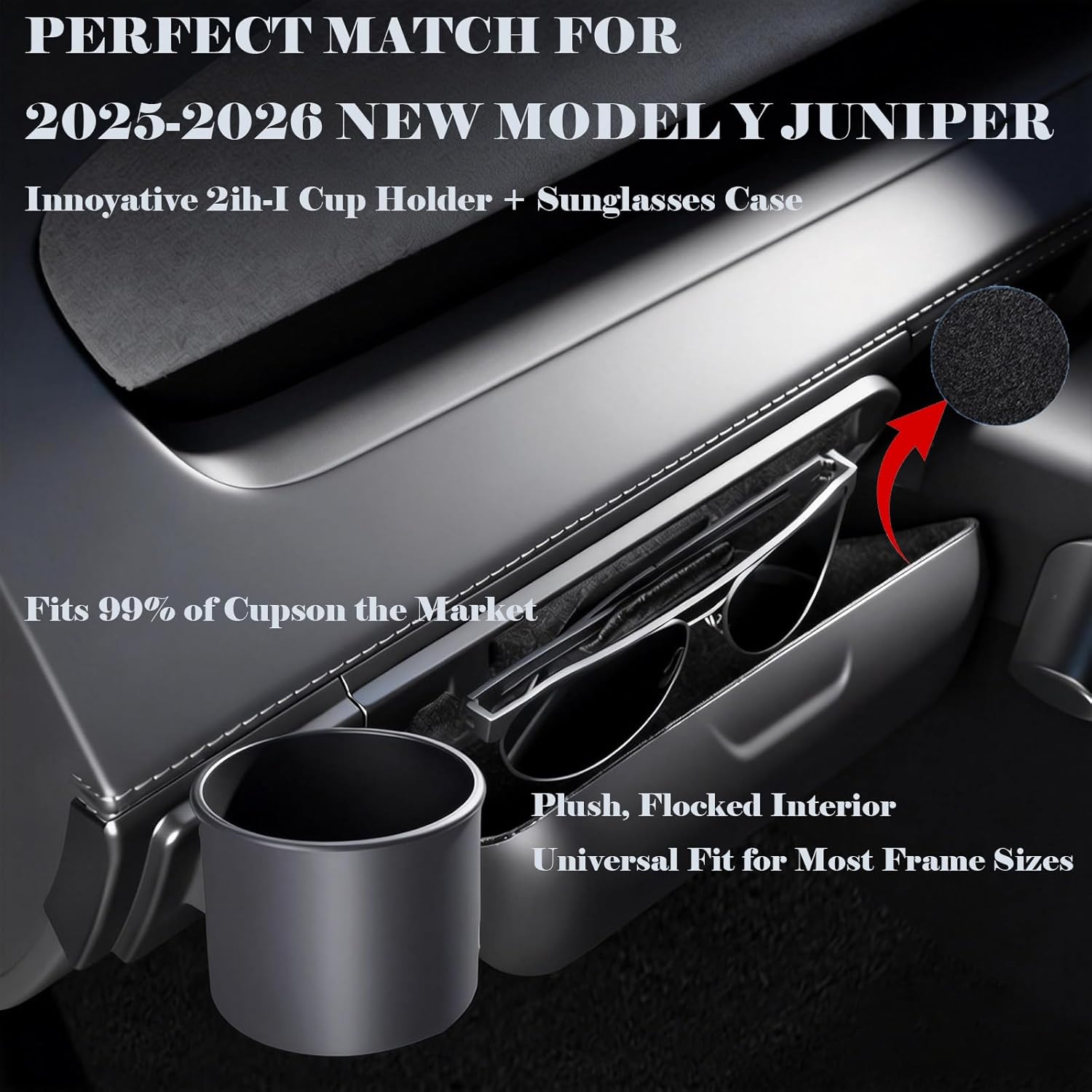 2-in-1 Sunglass Holder & Car Cup Holder for Tesla Model Y Premium 2025-2026 Durable ABS Dashboard Organizer, Easy Installation(Flocked)