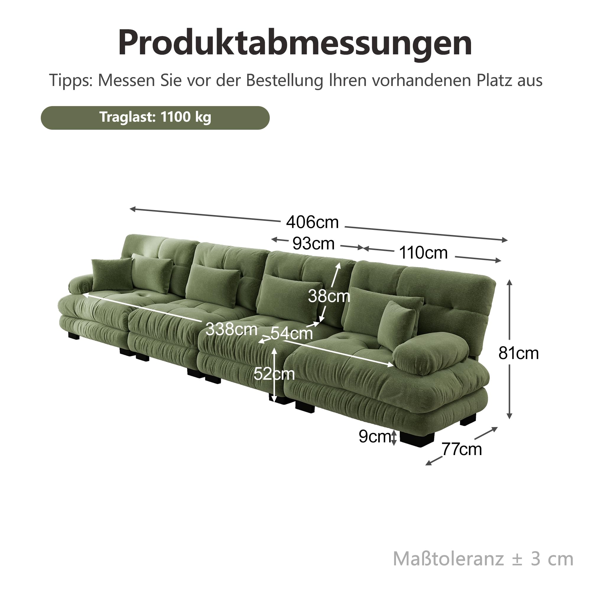 Sofá esquinero modular de 4 plazas, color verde, asiento extra profundo, sofá cama acolchado, funda de chenilla, cómodo para familias numerosas y habitaciones