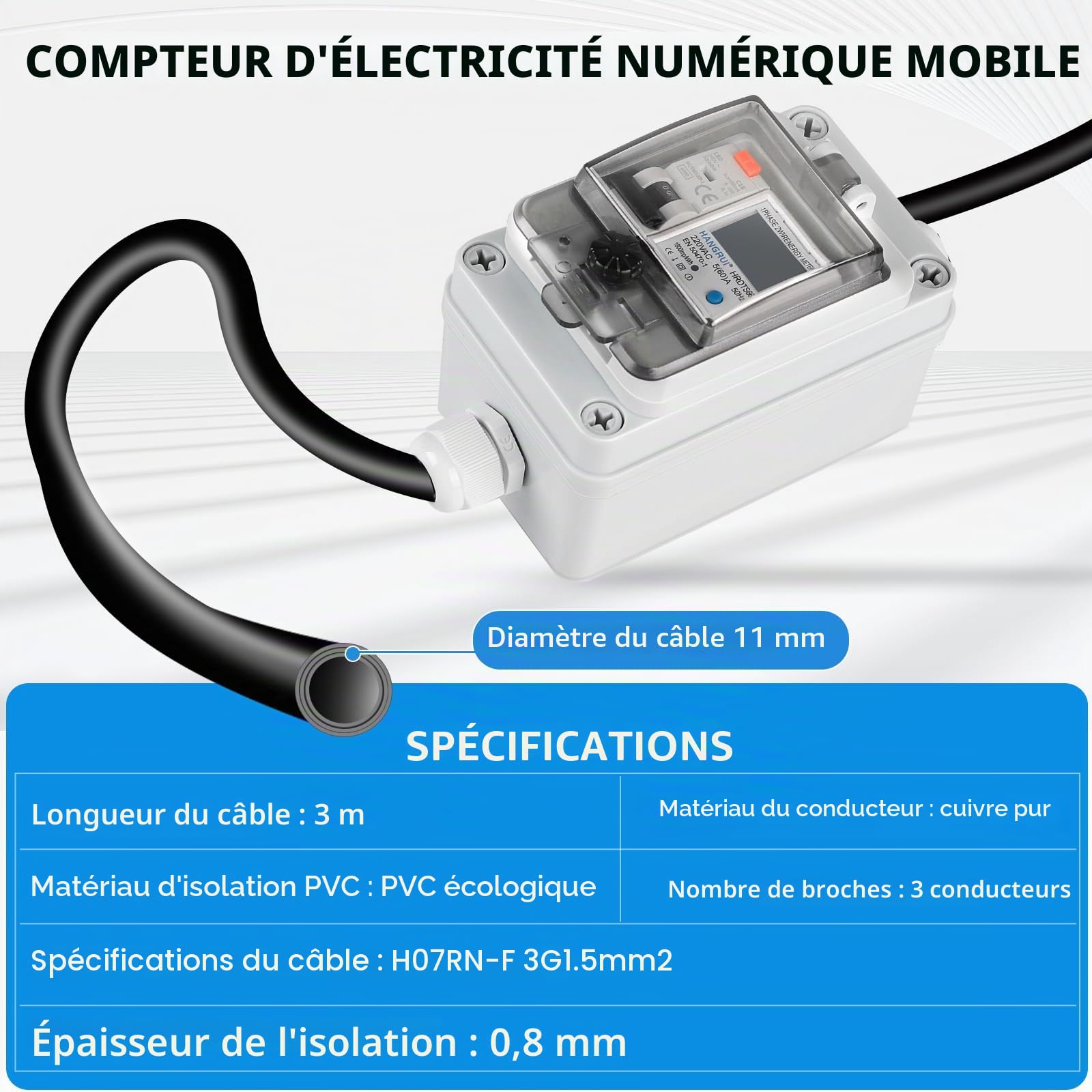 SWAWIS Wattmetre Numérique Mobile 230V 16A - Wattmètre Numérique avec Disjoncteur FI Type A, Prise CEE IP44, Boîtier IP67 Prise Compteur D'énergie pour Camping-cars Véhicules Electriques