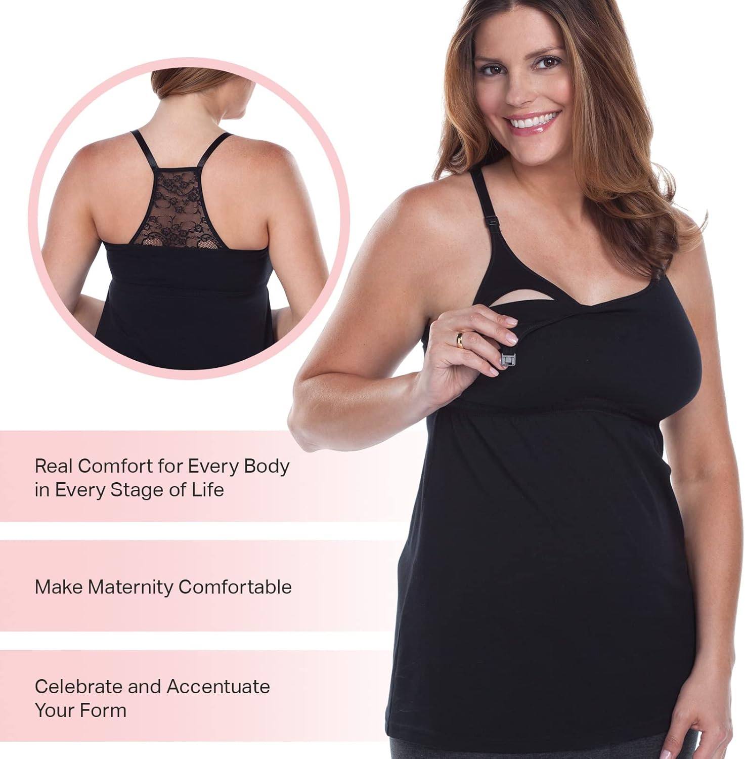 Leading Lady, Lace Back Nursing Tank for Women, Racerback Design, Built-In Bra, One Hand Nursing Clasps, Fold-Down Cups