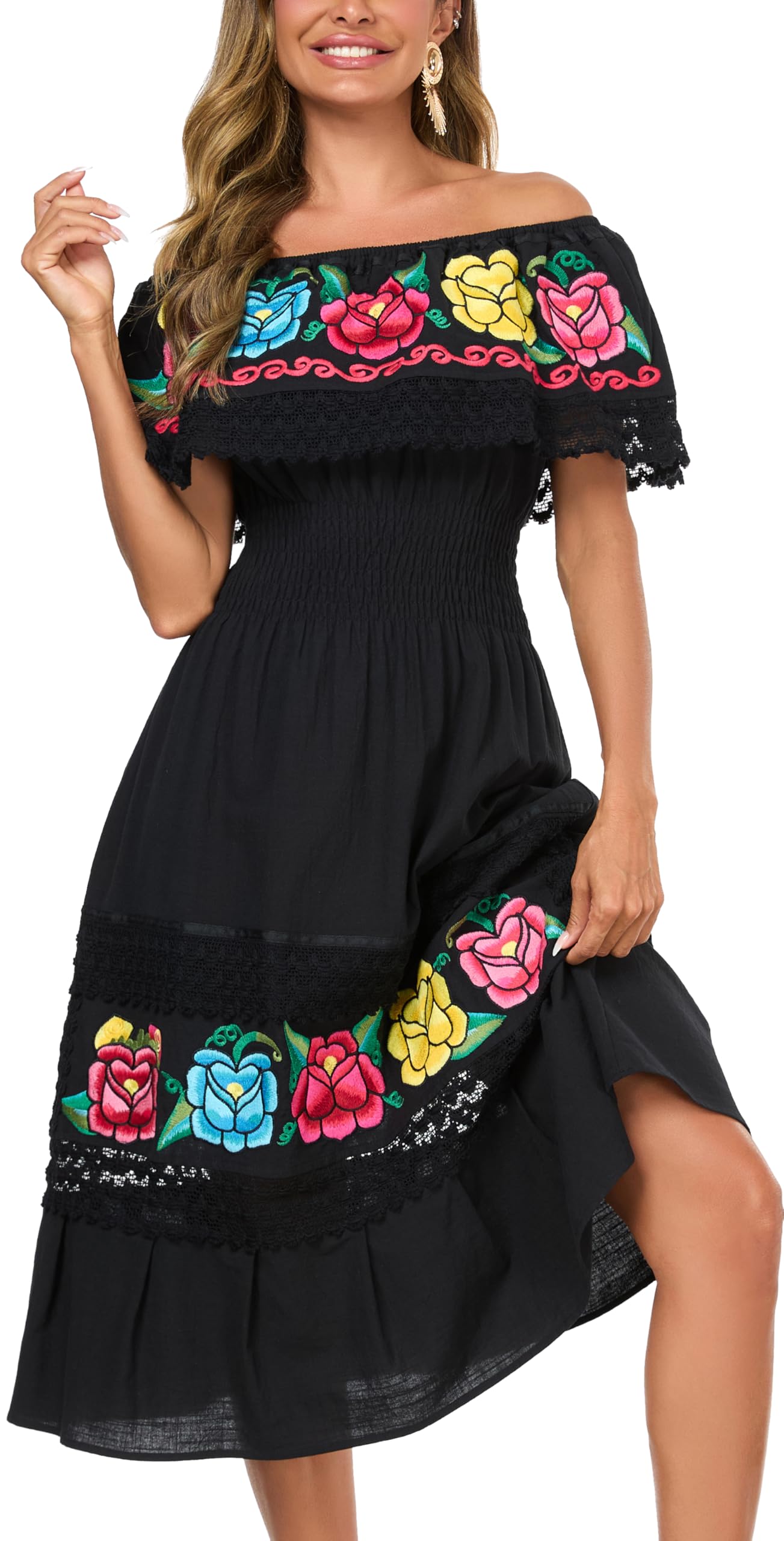 Women Embroidered Mexican Dress Peasant Floral Sexy Off-Shoulder Long Dress | Summer Boho Midi Dress, Smocked Elastic Waist, Flowy Dresses, Floral Sundresses, Cinco de Mayo Outfits