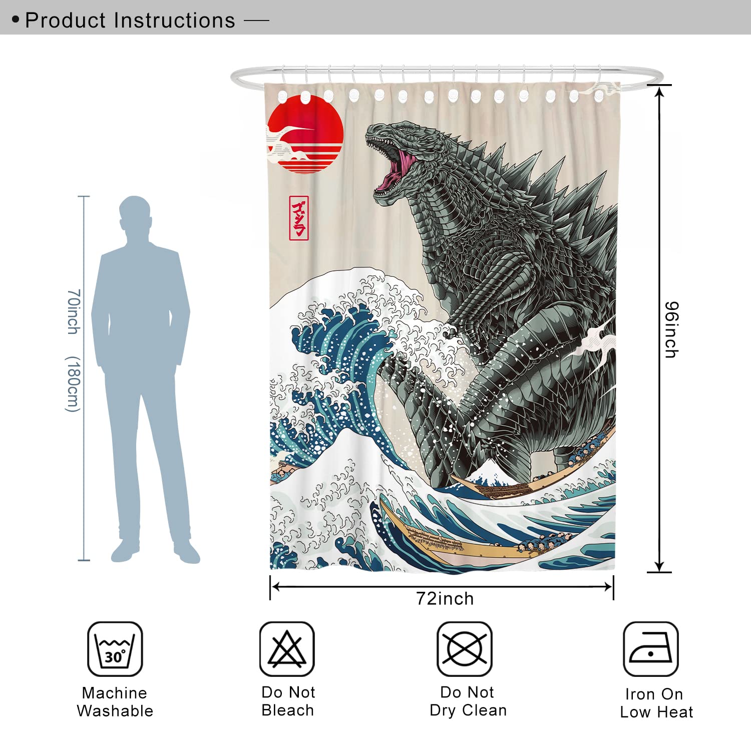 Divertenti tende da doccia extra lunghe 200 cm, funky anime mostro set di tende da doccia cool asiatiche giapponesi decorazioni per il bagno in poliestere, 182,9 x 243,8 cm