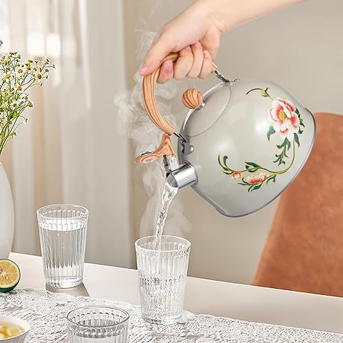 Miniatura 8 de Ciieeo Hervidor de agua portátil con patrón de flores, para estufa, calentamiento rápido, sonido fácil de limpiar y compacto