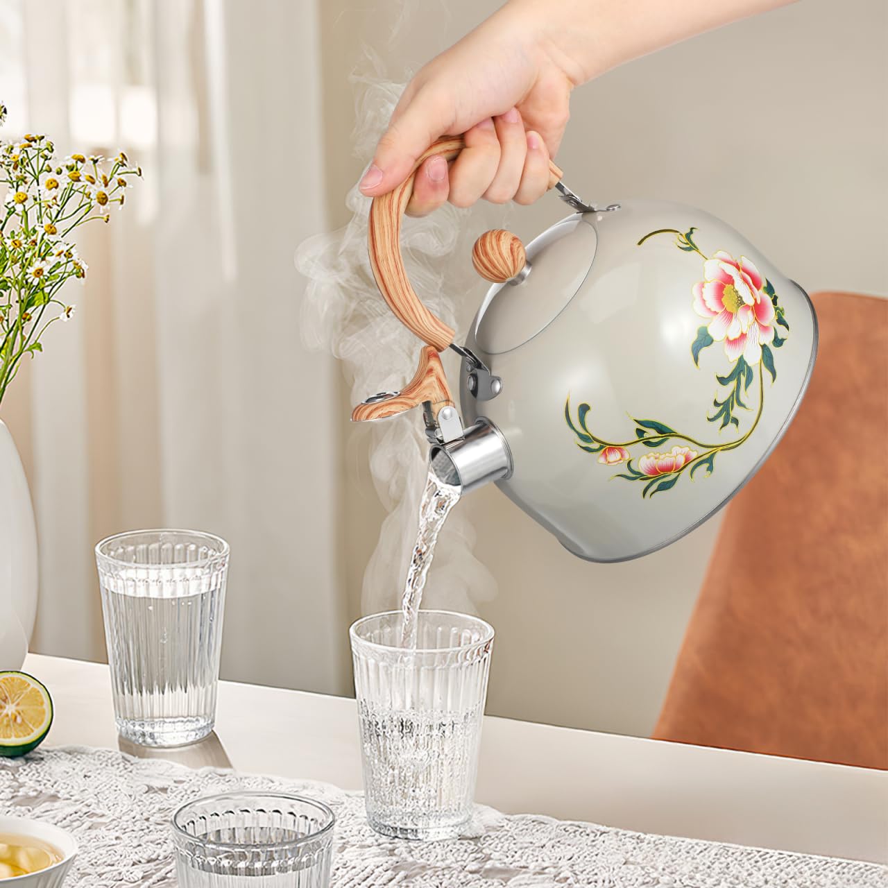 Ciieeo Tetera silbante, hervidor de té de acero inoxidable silbante de 3 litros, hervidor de té con patrón de flores, hervidor de agua caliente, tetera de inducción para cocina del hogar