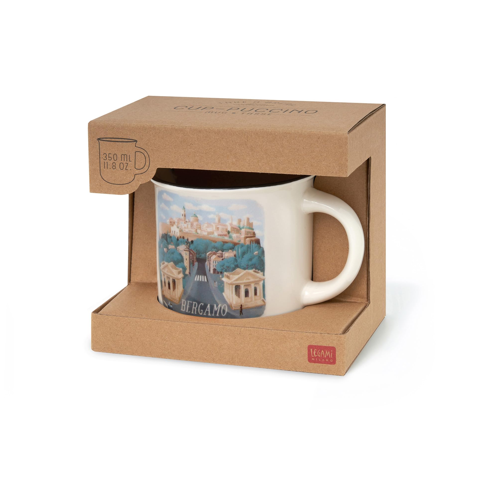 LEGAMI - Porcelany kubek Cuppuccino New Bone China, kubek na śniadanie World Cities, kubek kawy Thé można prać w zmywarce, średnica 10 cm, pojemność 350 ml, motyw bergamo