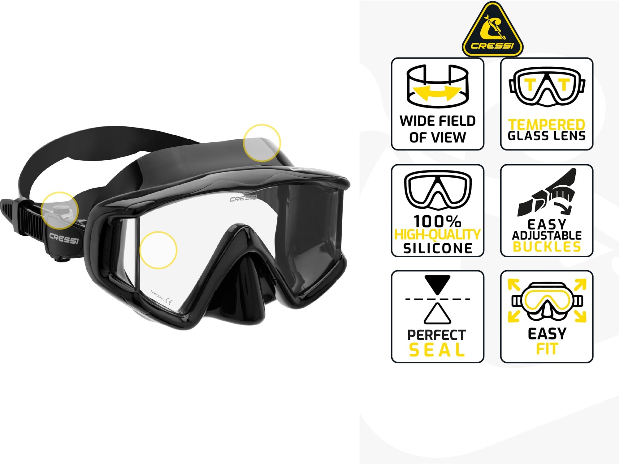 Cressi Máscara grande de visión amplia para buceo y esnórquel | Pano 3: diseñada en Italia