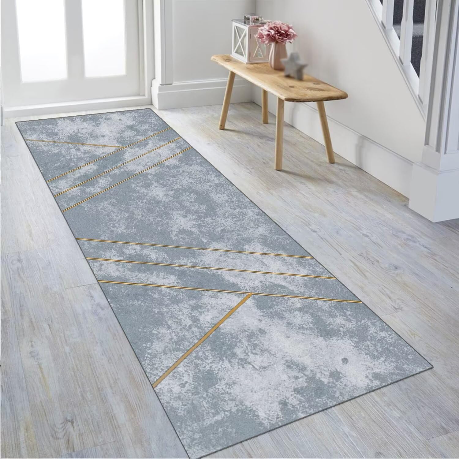 Tappeto runner per corridoi, lungo antiscivolo, 80 x 300 cm, tappeto da cucina, lavabile, blu, grigio, oro, corridoio, tappeto per camera da letto, soggiorno, design moderno antiscivolo per