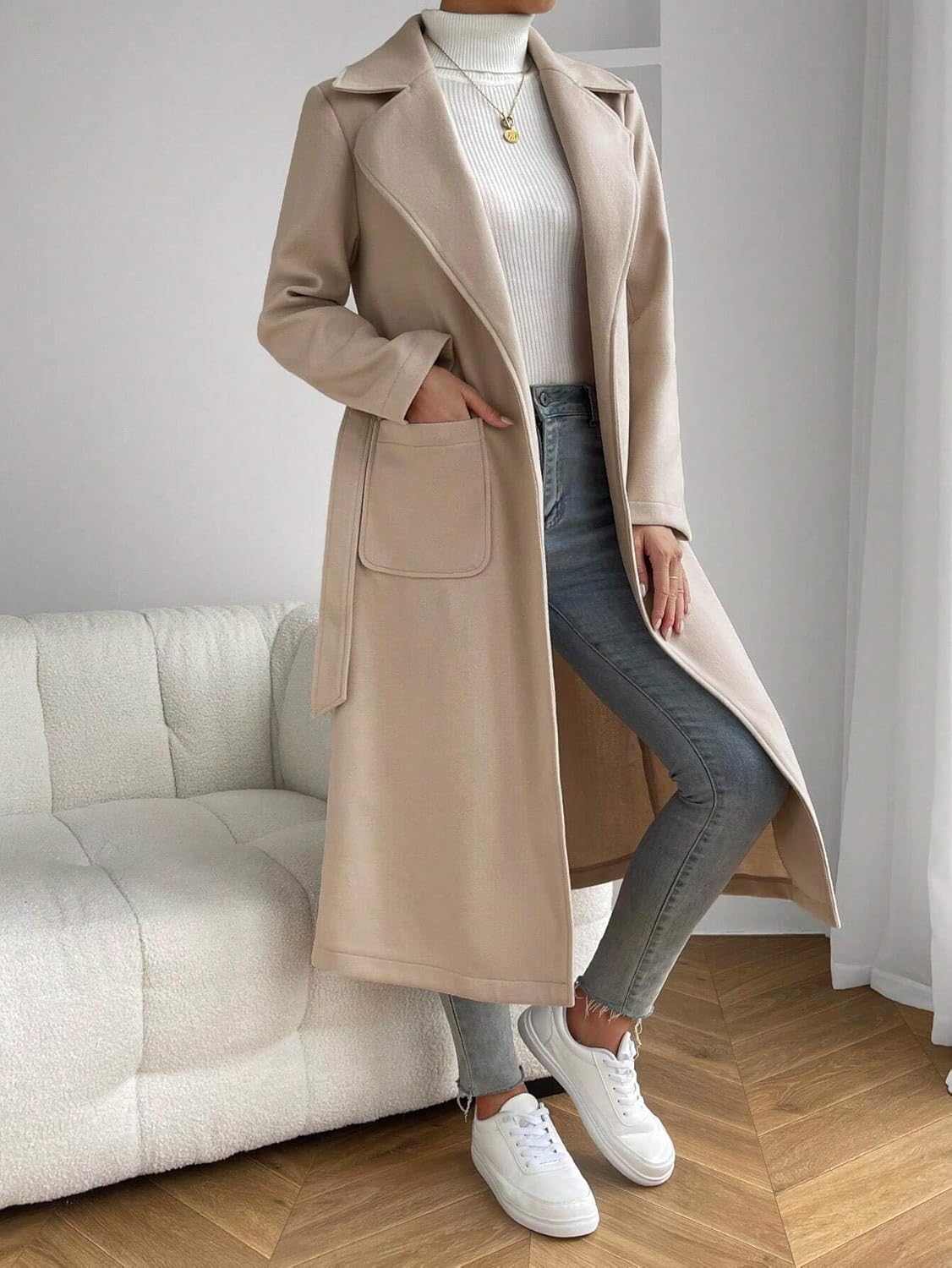 Women's Trench Coat Casual Lapel Neck Double Pocket Belted OverCoat Long Sleeve Classic Overcoat