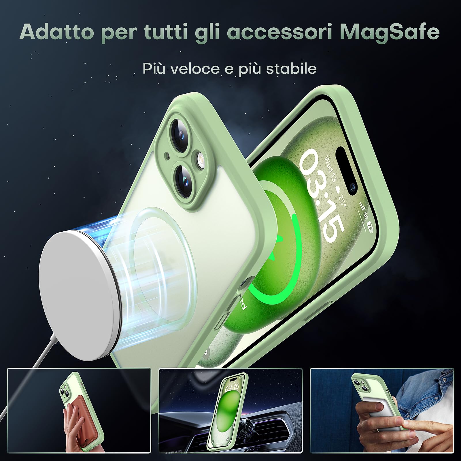 TOCOL Cover Magnetica per iPhone 15 6,1 Pollic, Compatibile con MagSafe, Protezione Fotocamera Integrata, Custodia Antiurto Traslucida Opaca, Verde Chiaro