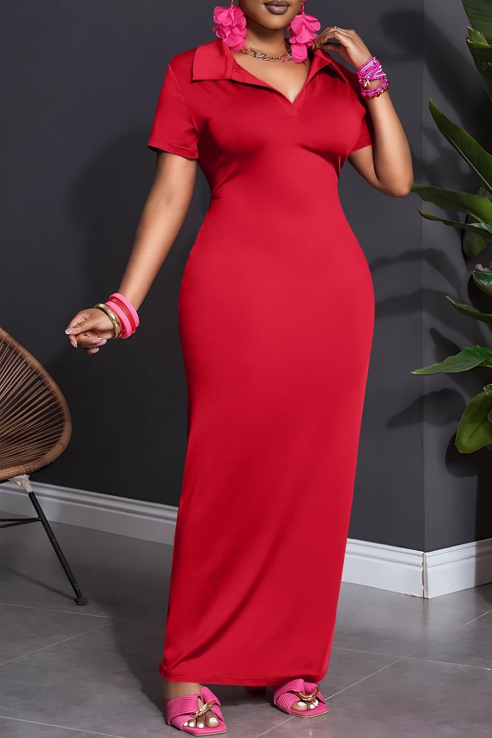 FANDEE Women's Bodycon Maxi Dress, Casual Polo Collar V-Neck Short Sleeve Party Holiday Elegant Long Dresses - Image 5