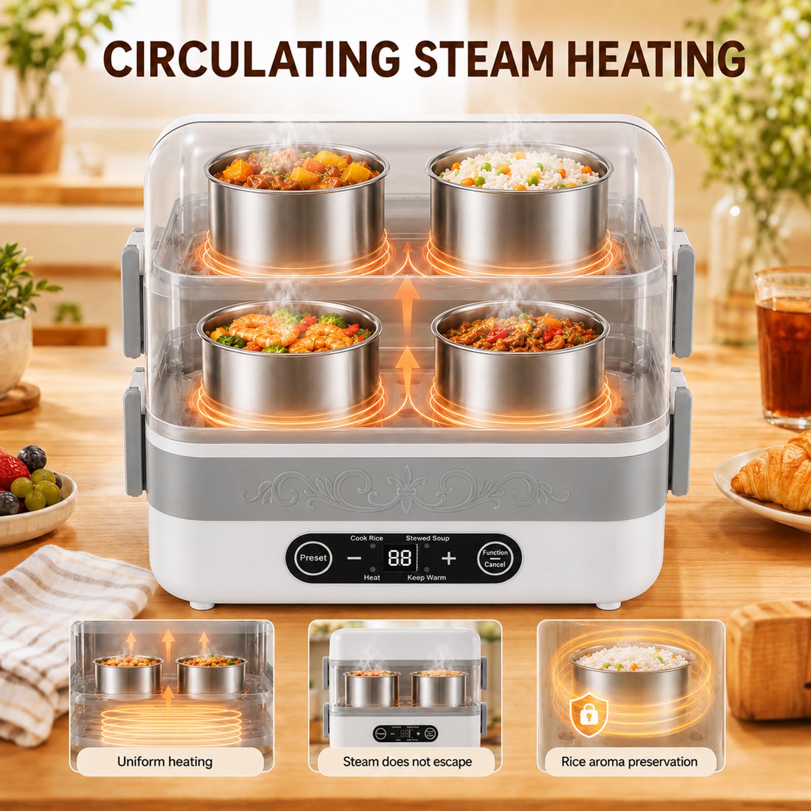 Contenitore per il pranzo elettrico per adulti, portatile, senza fili, riscaldato da 2,4 l, contenitore interno rimovibile in acciaio inox, display digitale, per ufficio, viaggi, cantieri, scuola
