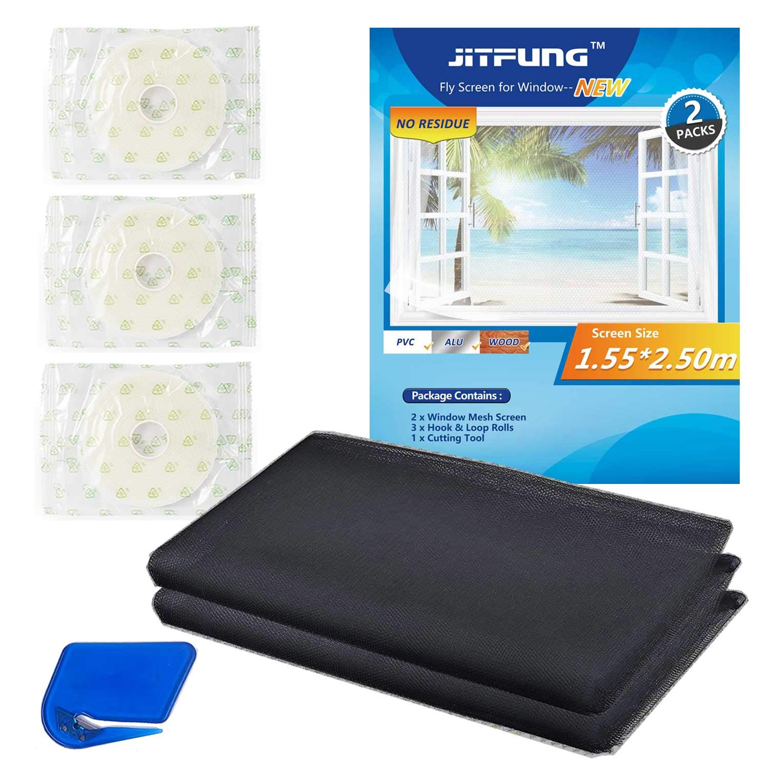 JIT-FUNG Fliegengitter Fenster, Zuschneidbares Moskitonetz, Insektenschutz mit Starkem Klettband [SPURLOS] & Zuschneider, Fliegen Netz ohne Bohren – Schwarz, 250 x 155 cm (Bienenwabe, 2er-Set)