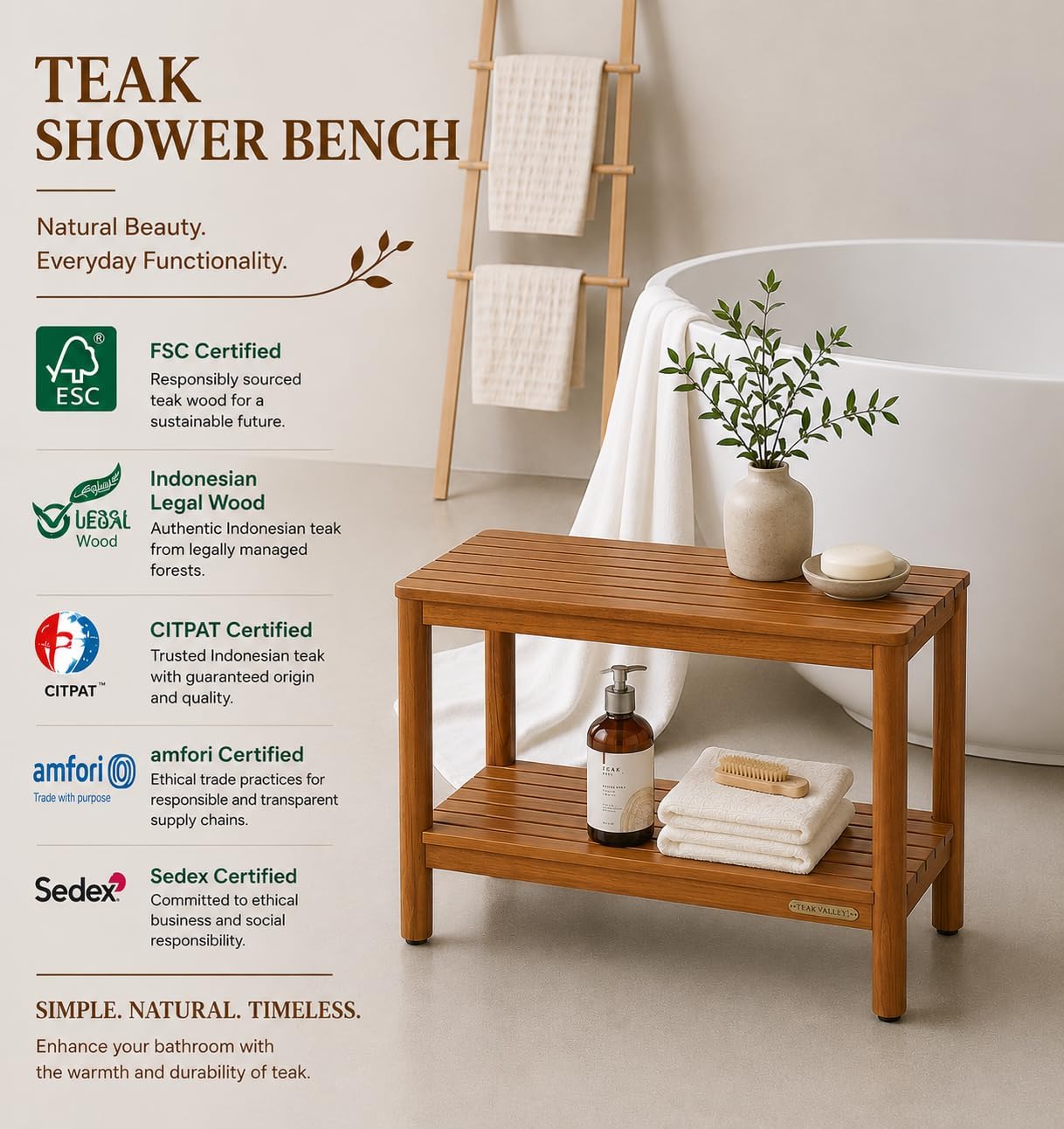 Premium Solid Teak Wood Shower Bench Stool with Storage Shelf – Spa Bathroom Seat Chair for Inside Shower, Spa Bench with Organization 18" image 5
