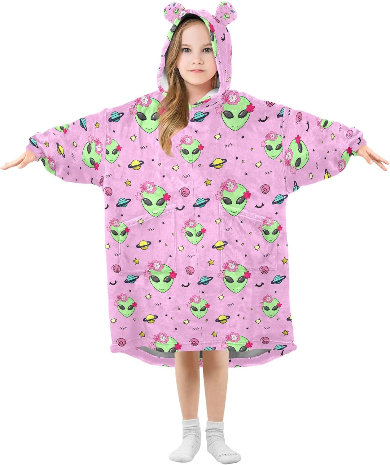 Cute Alien Ufo Kids Wearable Blanket Hoodie with Pocket and Sleeves for Toddlers, Cute Hoodies Girls Boys B0404027
