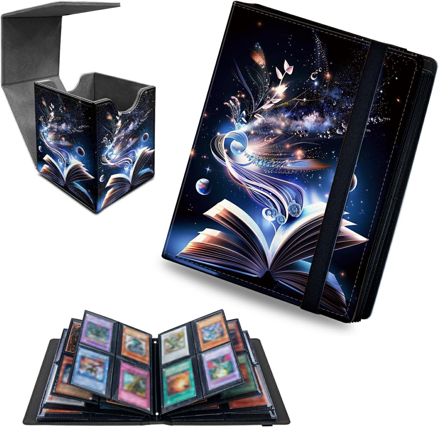 Book Butterfly 4 Pocket Trading Cards Album + MTG Commander Deck Box, Trading Card Binder Holder with 160 Card Protector, Expandable PU Card Book Collectable Board Game Magic Card Binder