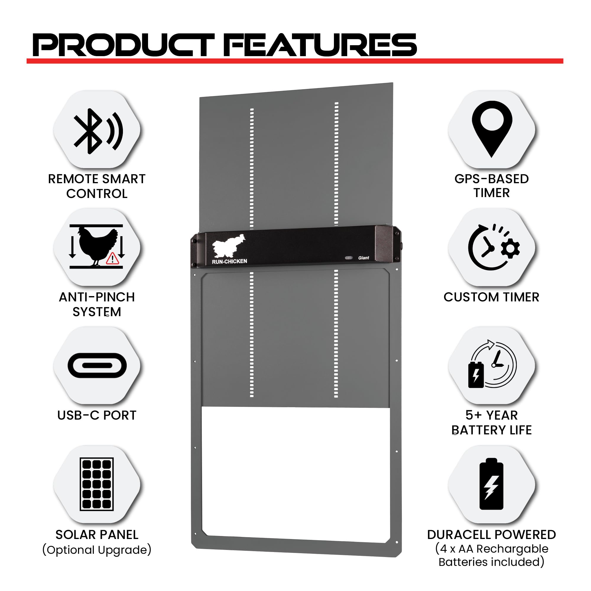 Run‑Chicken Door Giant Gray – Puerta automática Gris para gallineros Grandes, Funciona con Pilas AA, Control por App, Sensor de luz, Temporizador con retardo y Aluminio Resistente para Exteriores