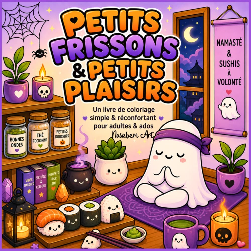 Petits Frissons & Petits Plaisirs - Livre de coloriage kawaii et spooky: Cahier de coloriage facile et réconfortant pour adultes et ados avec fantômes mignons, cozy vibes et Halloween doux